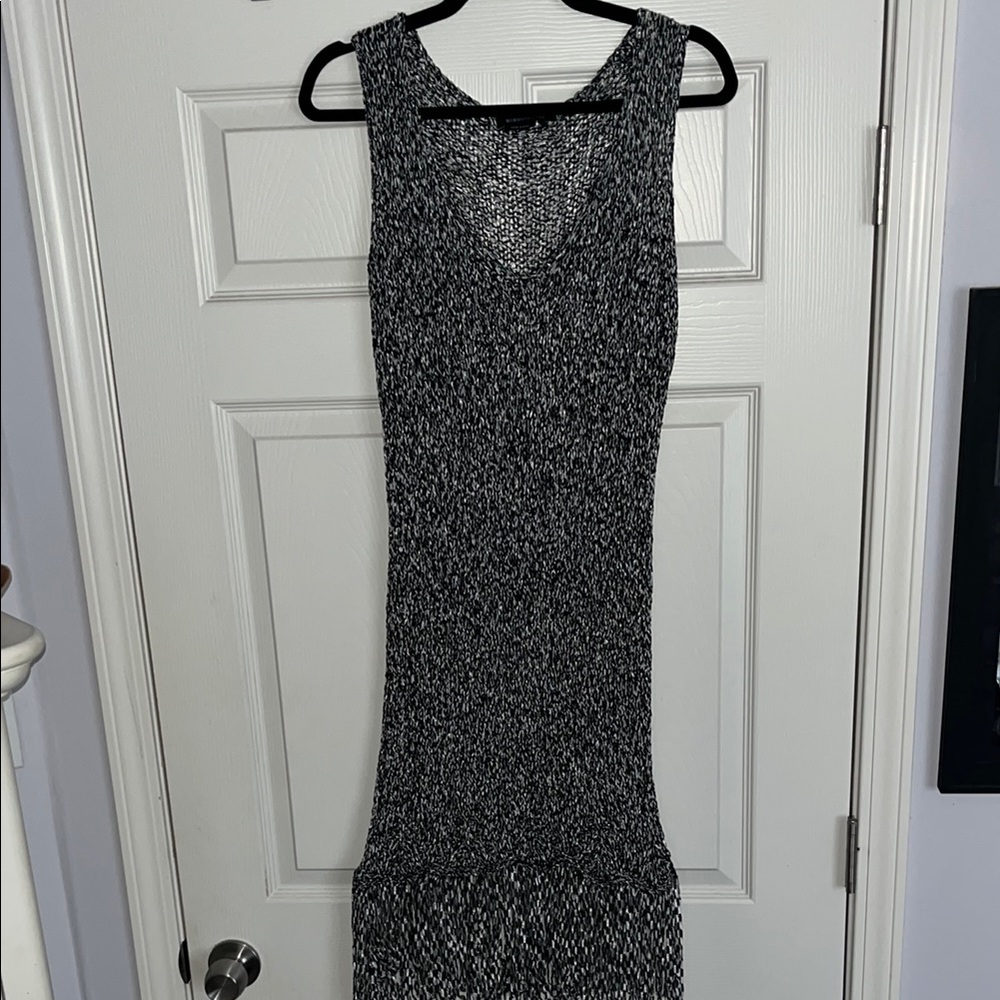 BCBGMaxAzria Silver and Black Stretch Crochet Sheath Midi Dress